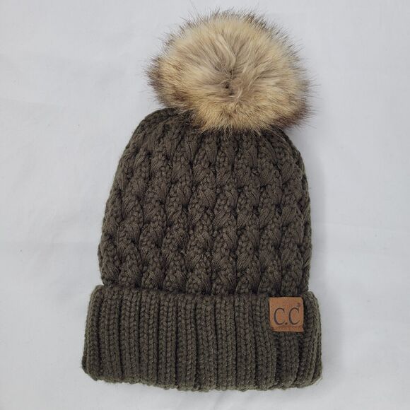 C.C. Korea Olive Green Sherpa Lined Cable Knit Beanie Hat Pom Pom Rolled Hem - Picture 3 of 7
